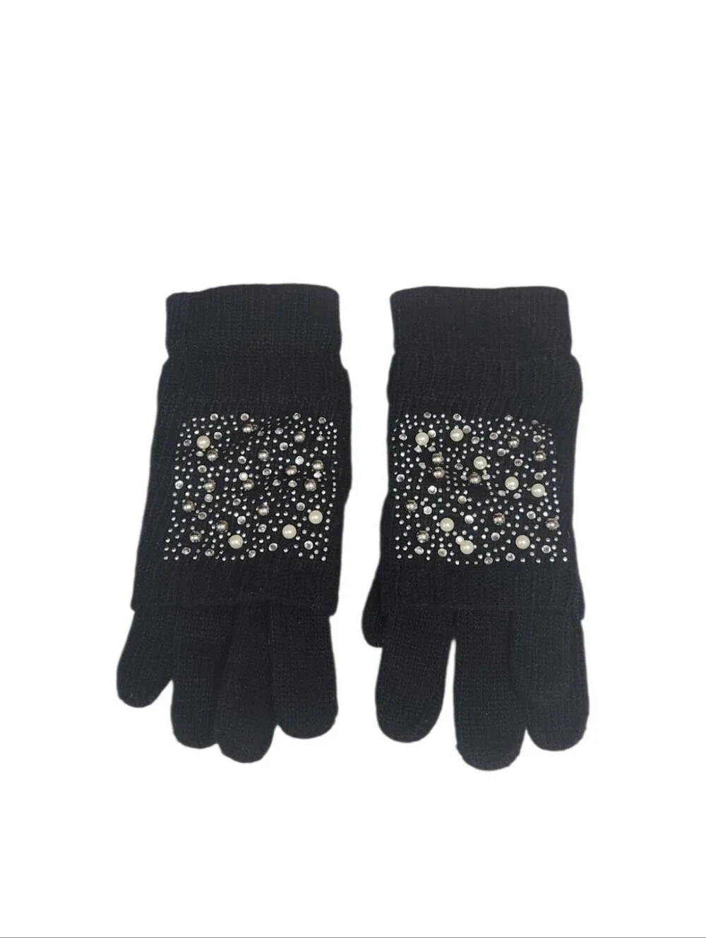 Black Gloves Embellished With Pearls , Rhinestones & Studs .